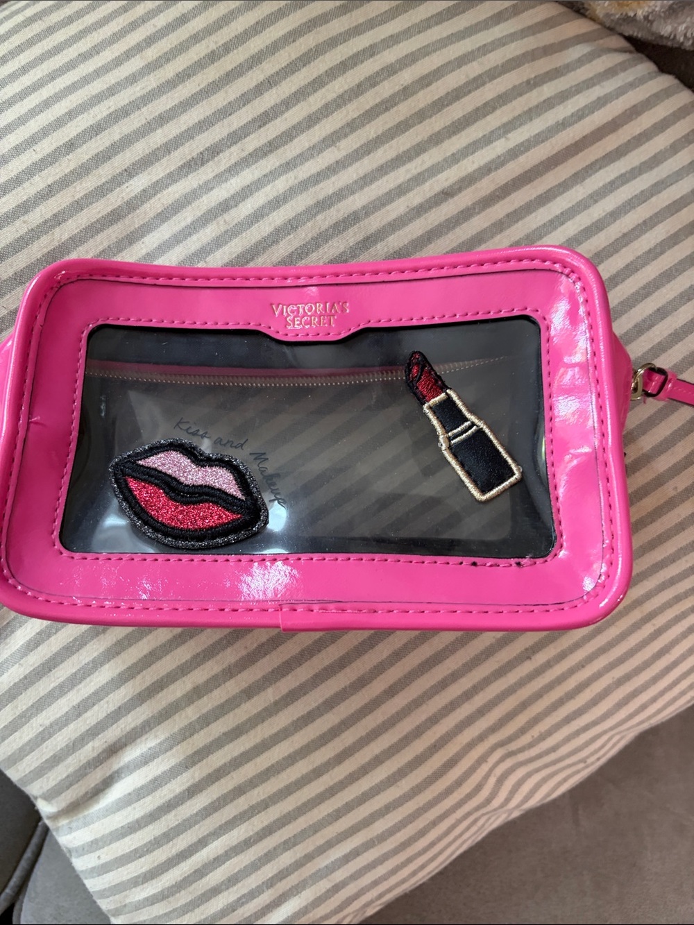 Victoria's Secret Hot Pink Clear Cosmetic Pouch with Lip & Lipstick Appliqués - Picture 5 of 9